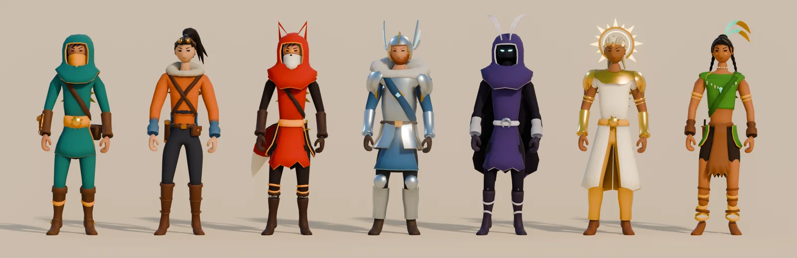 All seven heroes standing side by side